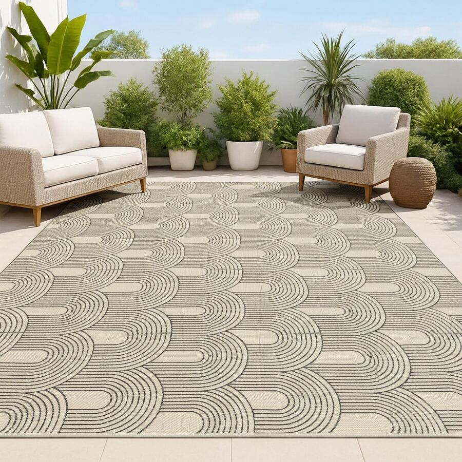 Tappeto da esterno impermeabile da 9x12 piedi, tappetino da esterno con motivo geometrico a forma di U; tappetino in plastica reversibile per campeggio, roulotte, patio, portico, terrazza, cortile, balcone, picnic, nero e bianco - Castano - Visualizzare 1