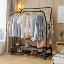 Metal Clothes Rail With Wheels, Multi Purpose Clothes Rack For Bedroom With 2 Hanging Rods, Portable Heavy Duty Clothes Rail Coat Rack With 4 Side Hooks, 2 Tiers Shelves For Shoes And Clothes Storage, Free Standing Coat Hat Garment Stand Pants Rack On Wheels, Black Clothes Drying Rack Open Wardrobe Living Room Guest Room - Black - View 4