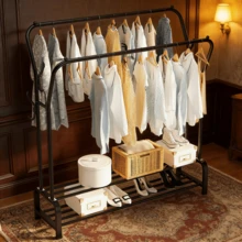 Metal Clothes Rail With Wheels, Multi Purpose Clothes Rack For Bedroom With 2 Hanging Rods, Portable Heavy Duty Clothes Rail Coat Rack With 4 Side Hooks, 2 Tiers Shelves For Shoes And Clothes Storage, Free Standing Coat Hat Garment Stand Pants Rack On Wheels, Black Clothes Drying Rack Open Wardrobe Living Room Guest Room - Black - View 6