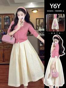 [Y6Y] Women's A-Line Woven Fabric Skirt, Casual Cute Elegant Daily Wear, Non-Stretch Flowy Mid-Length Skirt - Light Yellow - View 13