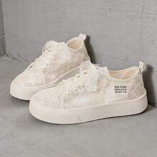 1双女士蕾丝网面透气平底运动鞋，舒适百搭休闲鞋，卡其色经典搭配裤装和裙装，系带休闲鞋 - 卡其色 - 查看 12