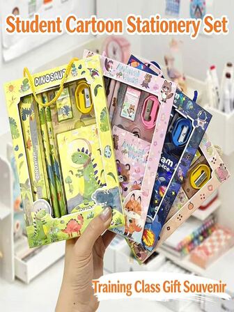 Cartoon Children's Stationery Set Gift, Creative Learning Supplies, Stationery Box & 6pcs Stationery Set, Suitable For School Prizes, Children's Gifts, Back To School Gifts, Learning Tools