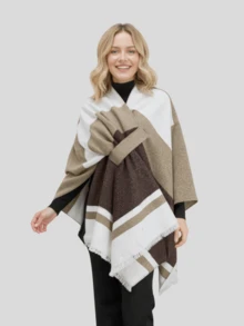 1 chiếc khăn choàng thời trang nữ thiết kế hai mặt, khăn choàng cardigan giả cashmere dày dặn, ấm áp, kẻ sọc, có khuy cài, áo khoác ngoài dệt kim thoải mái, thích hợp cho đi làm, du lịch, phụ kiện ngoài trời. - kaki nâu - Xem 1