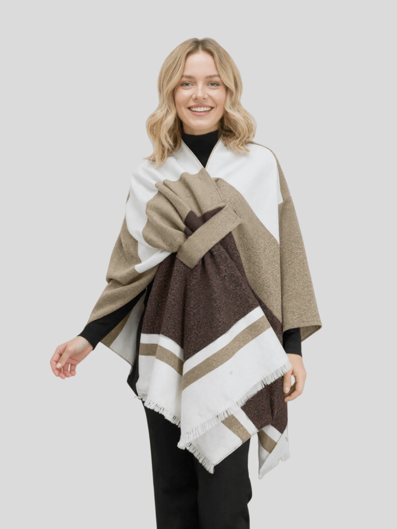 1 chiếc khăn choàng thời trang nữ thiết kế hai mặt, khăn choàng cardigan giả cashmere dày dặn, ấm áp, kẻ sọc, có khuy cài, áo khoác ngoài dệt kim thoải mái, thích hợp cho đi làm, du lịch, phụ kiện ngoài trời. - kaki nâu - Xem 1