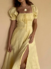 女士优雅褶皱胸部花瓣袖A字连衣裙，系带腰身，春夏黄色连衣裙 - 黃色 - 查看 2