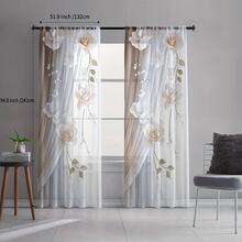 2PCS White & Beige 3D Effect Rose & Floral Print Elegant Modern Style Flat Print Sheer Curtains, 100% Polyester Fabric, Rod Pocket Style, Unlined, 90gsm, Width 180cm, Ideal For Bedroom, Living Room, Dining Room, Bathroom, And Outdoor Sheer Curtains - Multicolor - View 6