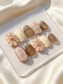 10pcs Handmade Nail Art Stick-On Fake Nails, Removable Acrylic Oval Shaped Nails, Cute Minimalist Designs Including Brown Plaid, Brown Flowers, Coffee Pearl, 3D Carved Patterns, Suitable For New Year, Valentine's Day, Gatherings, Seasons Handmade Press On Nails - Coffee Brown - View 2