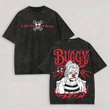 One Piece Buggy The Clown Vintage Washed Black Oversized T-Shirt With "U Better Be Ready" Slogan & "Senrō Dōke" Graphic Print, Anime Shirt, Mens Clothes, Mens T Shirts, Y2k Clothes, Unisex Casual Streetwear Japanese Anime T-Shirts - 黑色 - 查看 1