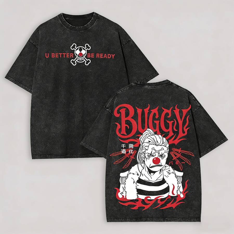 One Piece Buggy The Clown Vintage Washed Black Oversized T-Shirt With "U Better Be Ready" Slogan & "Senrō Dōke" Graphic Print, Anime Shirt, Mens Clothes, Mens T Shirts, Y2k Clothes, Unisex Casual Streetwear Japanese Anime T-Shirts - 黑色 - 查看 1