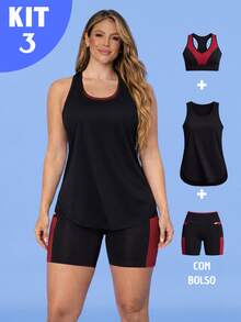Kit Of 3: Women's Fitness Set - Top, Shorts, Pocket Tank Top, Dry Fit, Gym - Tarelles - 紅木色 - 查看 1