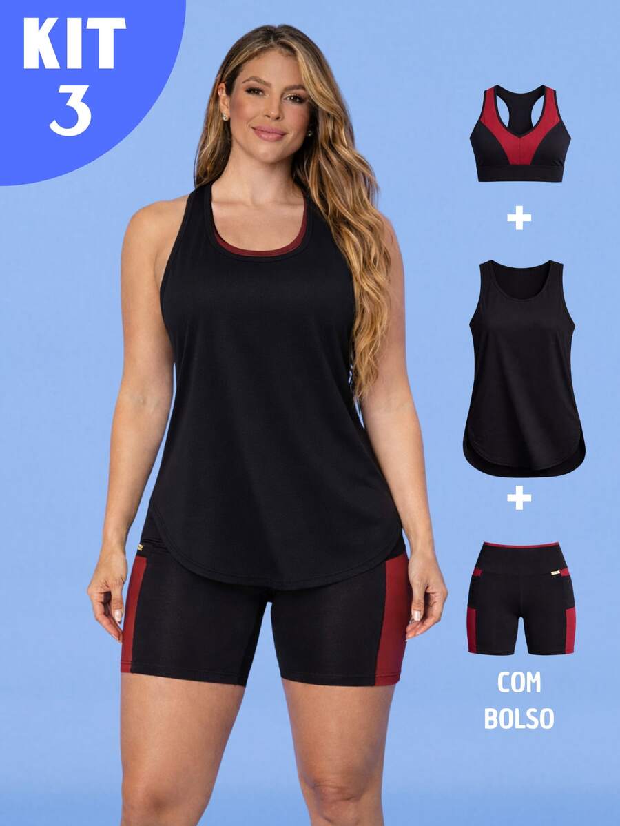 Kit Of 3: Women's Fitness Set - Top, Shorts, Pocket Tank Top, Dry Fit, Gym - Tarelles - 紅木色 - 查看 1