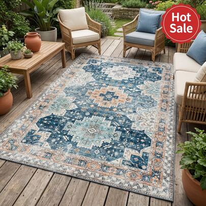 1pc Home Decor Bath Mats Plush Faux Wool Area Rug - 1000g Dense Pile For Luxurious Underfoot Comfort | Distressed Persian-Inspired Medallion & Floral Patterns In Dusty Blue, Muted Terracotta, Cream & Soft Gray | Low-Shedding, Easy-Care Surface For Living Room / Bedroom / Transitional Space | Complements Modern Farmhouse, Boho-Chic & Classic Interiors | Ideal Choice For Housewarming, Vintage Enthusiasts Or Refreshing Your Home Decor
