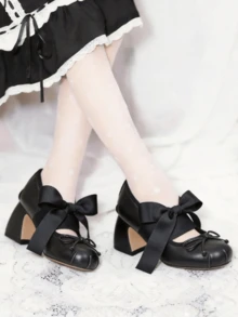Elegant Cute Womens Ballet High Heels Round Toe Bow Decors Lace Up Block Heel Ballerina Dancing Shoes Party Dressy Occasions Heeled Shoes - 黑色 - 查看 4