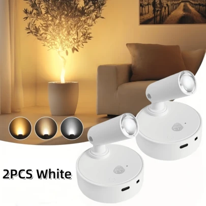1pc/2pcs Wireless Induction Spotlights, 3-Color Adjustable LED Wall Lamps, Magnetic High-Efficiency Sensor Lights, Battery Powered USB Rechargeable Wall Lights, Suitable For Corridors, Bedrooms, Paintings, Art Exhibitions And Indoor Plant Lighting