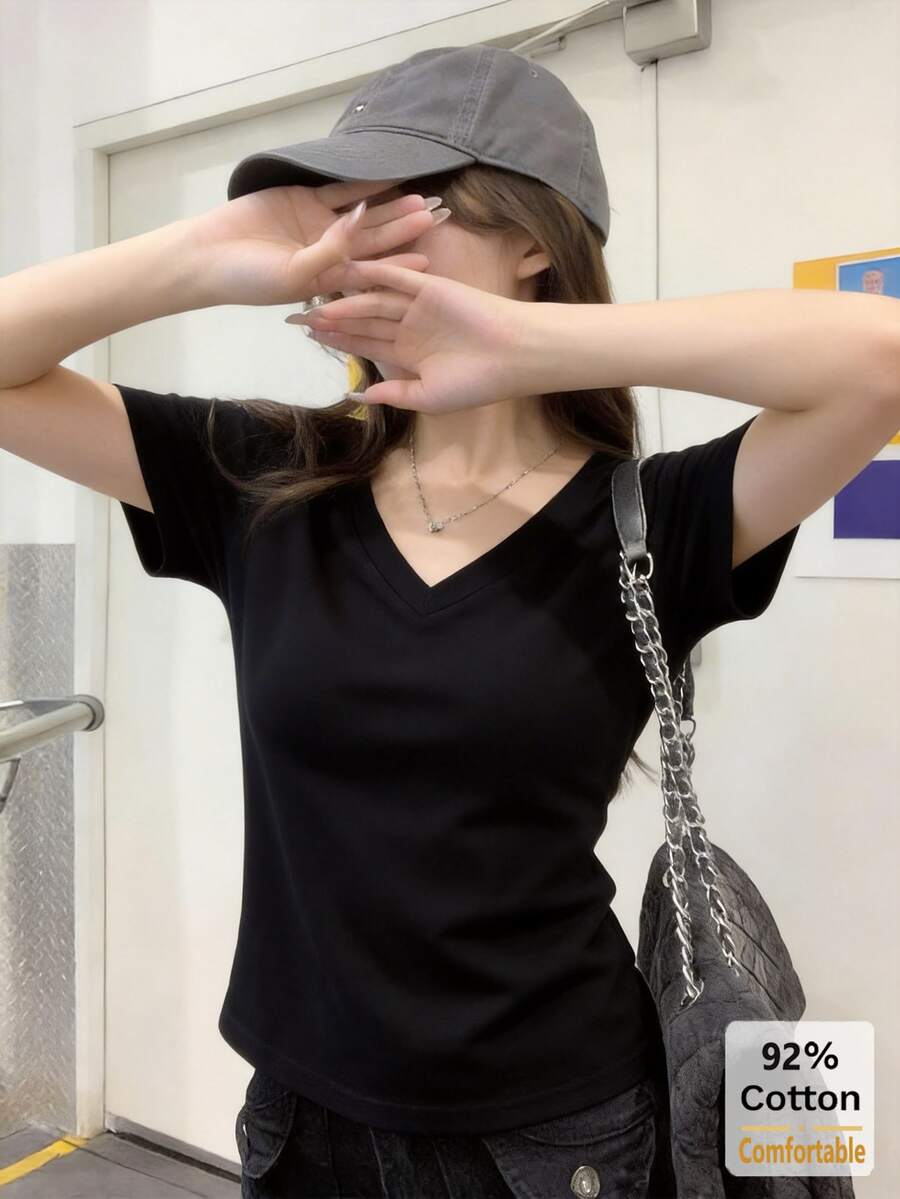 女士V领短袖露脐上衣，黑色，百搭显瘦打底衫 - 黑色 - 查看 1