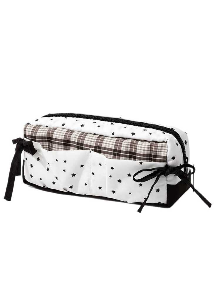 1pc Black & White Star Bow Pencil Case, High-Quality Korean Style Student Large Capacity Stationery Storage Bag - A - View 3