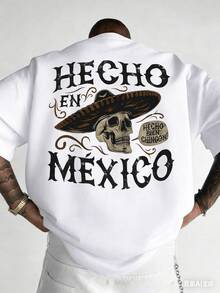 Calavera con sombrero mexicano que representa orgullo y fuerza cultural de México recordando tradición y espíritu rebelde hecho con detalles envejecidos y letras grandes para mostrar identidad única camiseta de hombre 100% algodón - Blanco - Ver 6