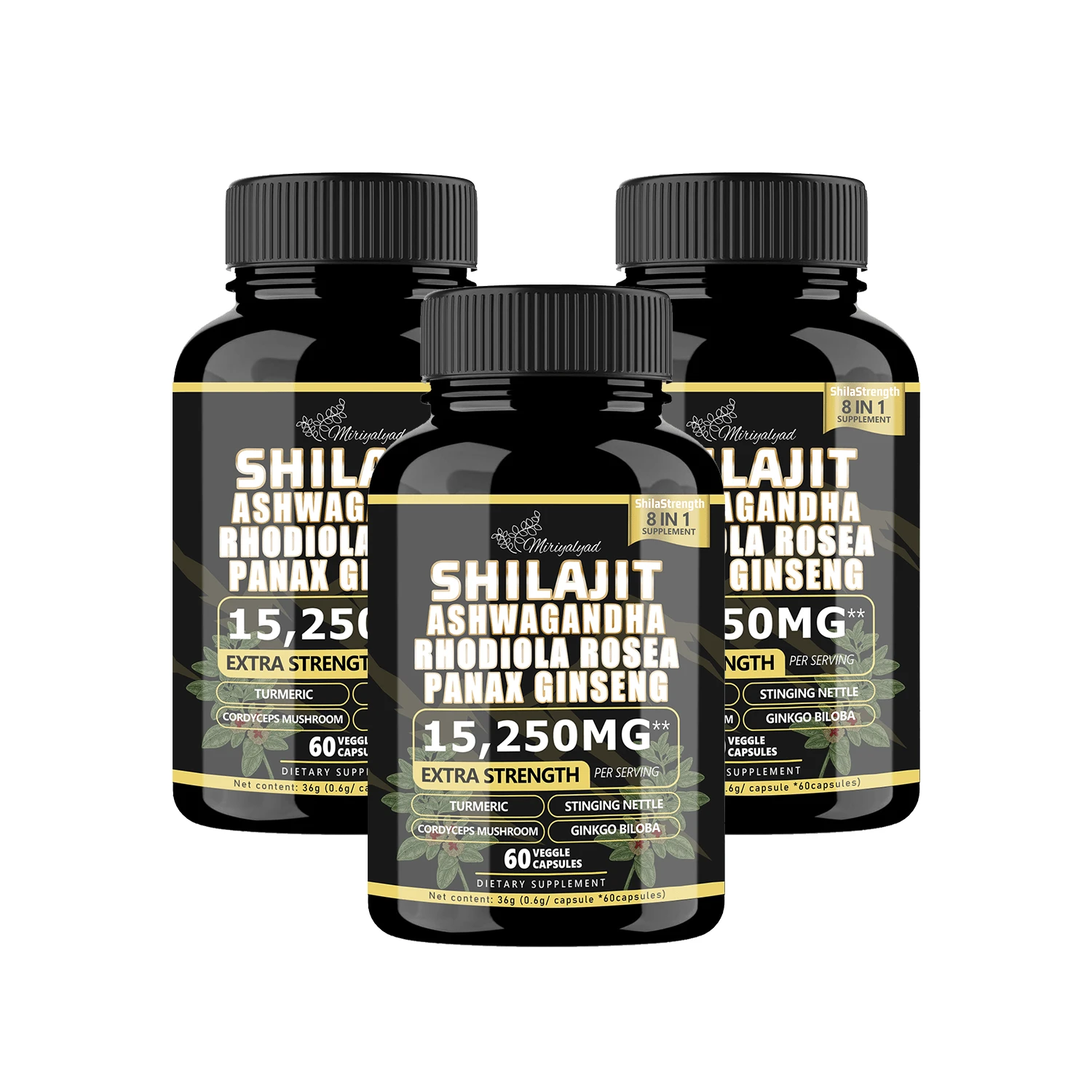 Miriyalyad Shilajit 9000mg, Rhodiola Rosea 1000mg, Panax Ginseng 1500mg, All-In-One, 60 Capsules Supplement Fitness Edible Dietary Healthcare Gut Support Vitamin - 3 cái - Xem 1