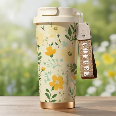 1pc/18oz Bohemian Style Floral Pumpkin Print Insulated Tumbler With Handle, 24hr Cold/12hr Hot Leak-Proof Reusable Water Bottle, Suitable For Work Commute Outdoor, Gift For Coffee Lovers