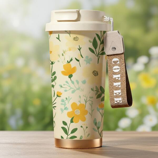 1pc/18oz Bohemian Style Floral Pumpkin Print Insulated Tumbler With Handle, 24hr Cold/12hr Hot Leak-Proof Reusable Water Bottle, Suitable For Work Commute Outdoor, Gift For Coffee Lovers