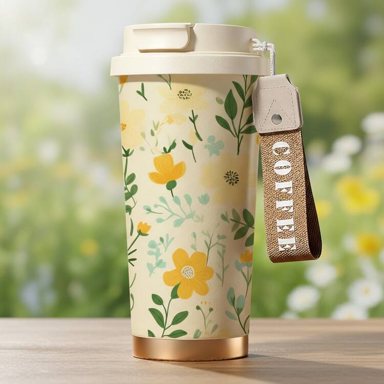 1pc/18oz Bohemian Style Floral Pumpkin Print Insulated Tumbler With Handle, 24hr Cold/12hr Hot Leak-Proof Reusable Water Bottle, Suitable For Work Commute Outdoor, Gift For Coffee Lovers - Multicolor - View 1
