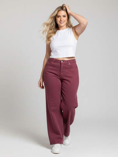 BNB Calça Wide leg Plus Size Feminina Cintura Alta