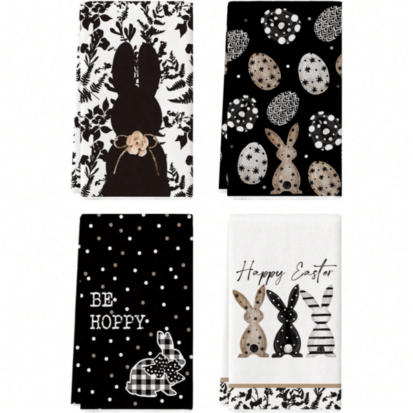 4 piezas Toallas de cocina con diseño de conejito de Pascua, patrón de huevos y conejitos en blanco y negro, decoración de primavera, paños de cocina, regalos para familiares y amigos, amantes de las plantas, super suaves y absorbentes, trapos de limpieza, toallas de té y cocina, toallas de mano, accesorios de cocina, artículos esenciales para el hogar, regalos festivos para amigos