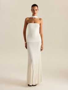 1 Piece New Women Dress  Elegant  Casual    Knitted Fabric    Backless  Pleated    White Dress  Beach  Night Out  Holiday  Vacation  Daily  Office    Spring Summer  French Style  Long Dress - trắng - Xem 8