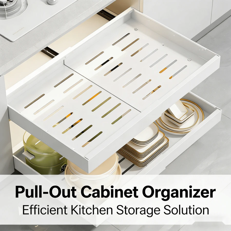 Kitchen Storage Rack Pull Out Cabinet Organizer No Punch Expandable Slide Out Drawers For Kitchen Cabinet,Pantry,Bathroom - White - View 1