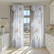 2PCS White & Beige 3D Effect Rose & Floral Print Elegant Modern Style Flat Print Sheer Curtains, 100% Polyester Fabric, Rod Pocket Style, Unlined, 90gsm, Width 180cm, Ideal For Bedroom, Living Room, Dining Room, Bathroom, And Outdoor Sheer Curtains - Multicolor - View 12