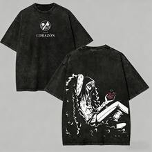Vintage Washed One Piece Donquixote Rosinante (Corazon) Oversized Tee, Retro Anime Heart Pirates Print Distressed T-Shirt, Streetwear For OP Manga Lovers, Sentimental Gift For Him, Anime Shirt, Mens Clothes, Mens T Shirts, Y2k Clothes, Unisex Casual Streetwear Japanese Anime T-Shirts - 黑色 - 查看 1