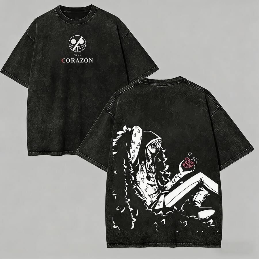 Vintage Washed One Piece Donquixote Rosinante (Corazon) Oversized Tee, Retro Anime Heart Pirates Print Distressed T-Shirt, Streetwear For OP Manga Lovers, Sentimental Gift For Him, Anime Shirt, Mens Clothes, Mens T Shirts, Y2k Clothes, Unisex Casual Streetwear Japanese Anime T-Shirts - 黑色 - 查看 1