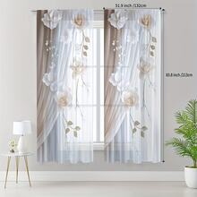 2PCS White & Beige 3D Effect Rose & Floral Print Elegant Modern Style Flat Print Sheer Curtains, 100% Polyester Fabric, Rod Pocket Style, Unlined, 90gsm, Width 180cm, Ideal For Bedroom, Living Room, Dining Room, Bathroom, And Outdoor Sheer Curtains - Multicolor - View 2