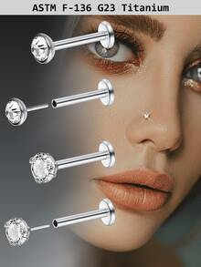 2颗G23钛金属唇钉，男女通用，18G透明钻石CZ唇钉，唇部穿刺饰品，顶部镶嵌立方氧化锆，尺寸可选2mm、2.5mm、3mm、4mm - 銀色 - 查看 2