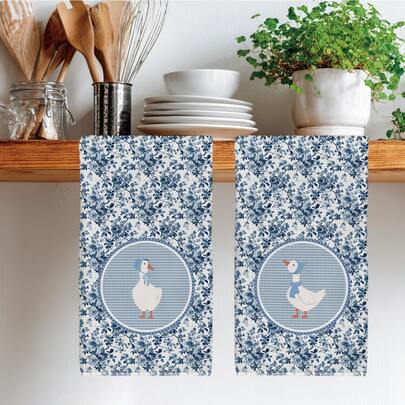 2pcs Blue Floral Background & Goose Pattern Kitchen Towels, 40*60cm Soft Microfiber Material, Suitable For Home, Kitchen, Restaurant, Outdoor Camping, Tabletop Cleaning, Dish Washing, Hand Drying, Gift