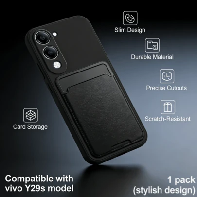 1pc A Black Card Case Phone Cover , Suitable For Y29s, Y04, V40 Lite, V 60 Lite, Y28 4G, Y18, And Y27. It Is A Solid Color Phone Cover With A Simple Design. The Black Card Case Phone Cover Is Healthy, With Zero Formaldehyde, Skin-Friendly And Non-Irritating, And No Odor.