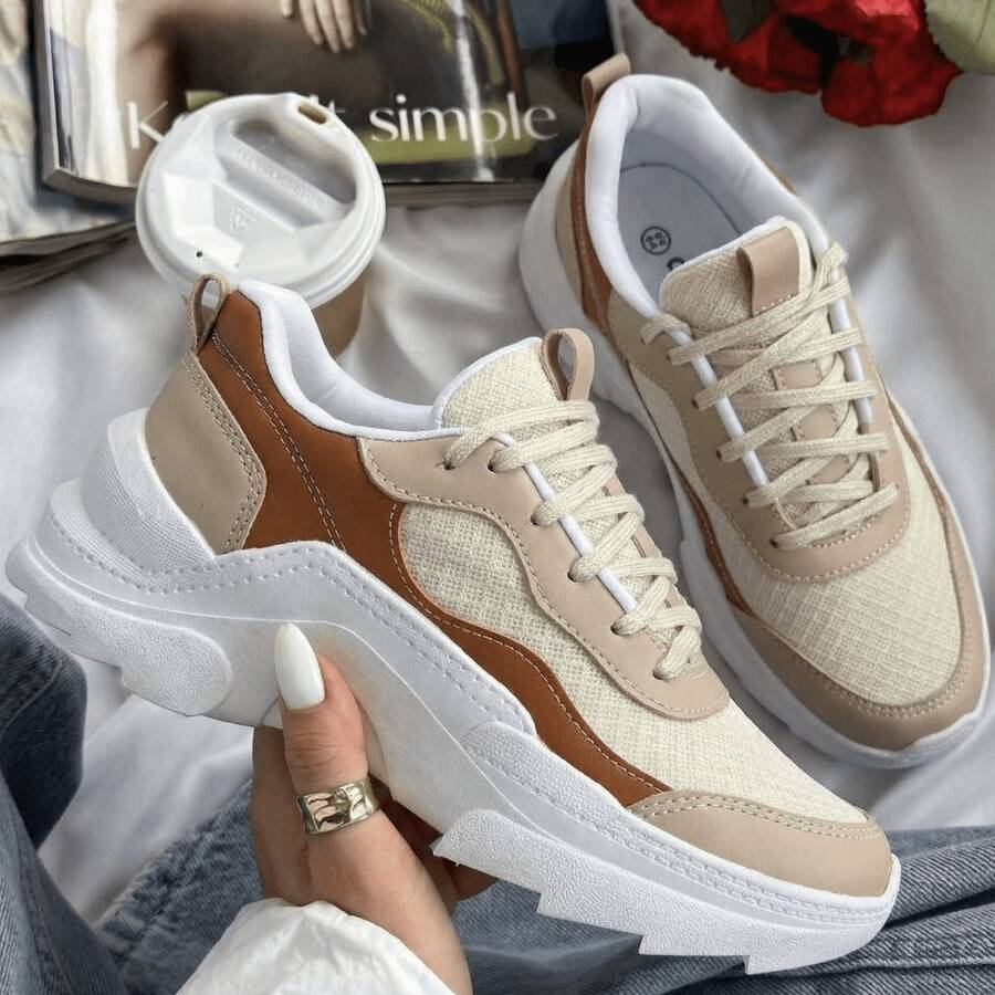 Women's Modern Platform Sneakers, Comfortable For Everyday Casual Wear, Stylish, Vacation, Lace-Up, Party, Office, Outdoor - Gỗ sồi - Xem 1
