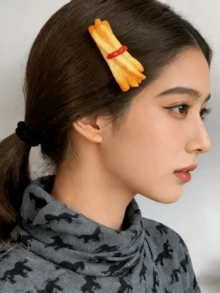 1个逼真的番茄薯条造型发夹，趣味新奇发饰，可爱搞怪礼物头饰 - 彩色 - 查看 1