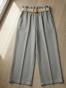 Pantalon elegante de moda para Mujer Pantalón palazzo mujer tiro alto con cinturón tejido, pata ancha, cintura elástica, corte holgado, tela fresca, estilo elegante casual ideal para trabajo en verano y vacaciones - Gris - Ver 4