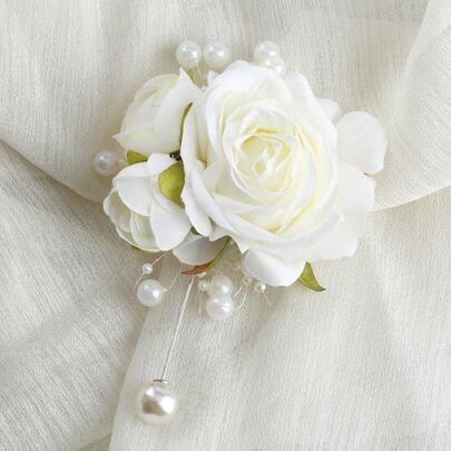 1 pieza Broche de rosa de marfil de seda sintética elegante y unisex con cuentas, adecuado para el novio, la novia, el padre, la madre, los abuelos para bodas, fiestas, graduaciones, San Valentín, bailes de graduación y decoración