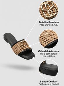 Women's Elegant Flat Sandal With Gold Detail, Comfortable, Soft, Summer Fashion - 黑色 - 查看 6