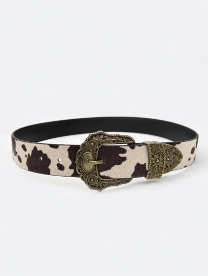 1pc Boho Style Cow Print Belt, Copper Buckle Waist Belt For Women, Suitable For Dresses, Pants, Coats, Daily Wear, Parties, Music Festivals