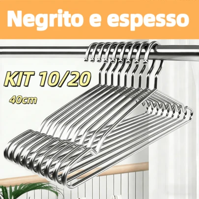 Kit com 10/20 cabides de aço inoxidável reforçados, com 40 cm de comprimento. Fabricados em material resistente, durável e que não enferruja, são perfeitos para organização doméstica, secagem de roupas e como item essencial para a volta às aulas dos estudantes.