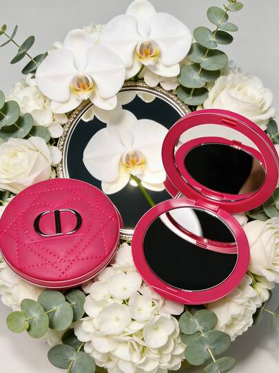 Christian Dior Double-Sided Leather Makeup Mirror, Bright Pink, Travel Mirror, Portable Compact Mirror, Foldable Makeup Mirror, Heart-Shaped Pattern