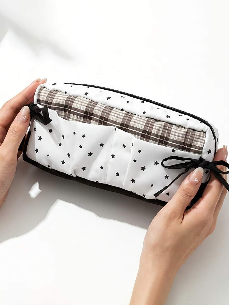 1pc Black & White Star Bow Pencil Case, High-Quality Korean Style Student Large Capacity Stationery Storage Bag - A - View 1