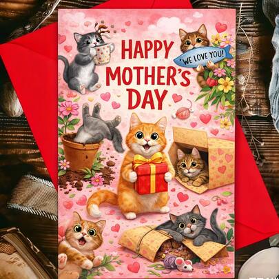 一张温馨的母亲节贺卡，图案是一只可爱的猫咪抱着礼盒，周围散落着爱心，并写着“谢谢妈妈”，非常适合送给母亲和家人，母亲节礼物，手绘可爱风格，猫咪主题贺卡。
