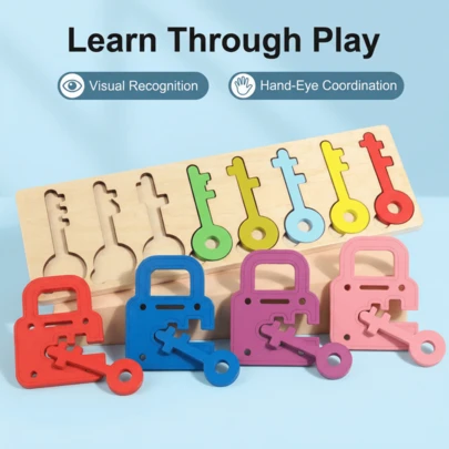8色木制锁和钥匙配对拼图游戏套装，形状和颜色分类玩具，趣味桌面分类玩具，适合作为生日、圣诞礼物或益智玩具