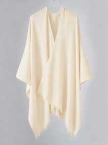 1件装女士纯色仿羊绒流苏超大披肩领保暖斗篷 - 杏色 - 查看 5