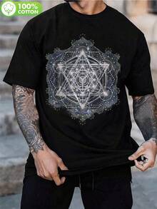 Camiseta de geometría sagrada para hombre con estampado de el cubo de Metatrón - Ajuste cómodo de 220gsm, cuello redondo y manga corta, ropa espiritual de yoga y casual para senderismo y actividades al aire libre, apta para todas las estaciones y lavable a máquina - Negro - Ver 1