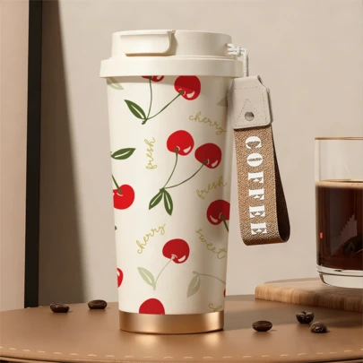 1pc/18oz Cute Cherry Print Insulated Travel Mug With Carry Strap, 24h Cold & 12h Hot Vacuum Coffee Cup, Leakproof Reusable Water Bottle For Office, School & Gym, Aesthetic Gift For Women & Teens